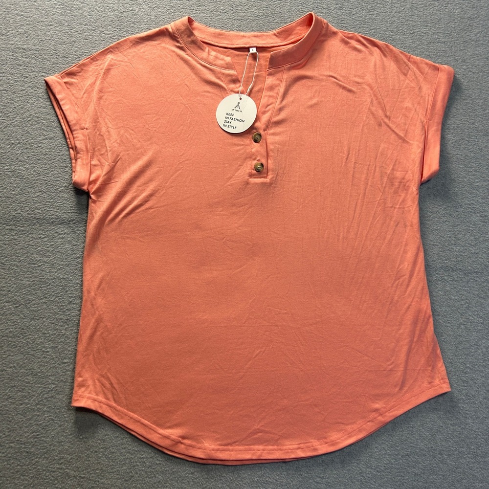 Anrabess Henley Top Womens Large Coral NWT Short Sleeve Shirt Casual Knit Tee